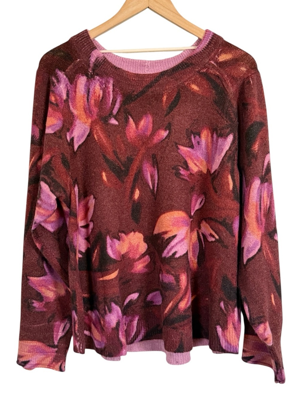 Democracy NWT Women’s 3X Floral Print Fuzzy Knit Sweater Pink Brown Soft Cozy